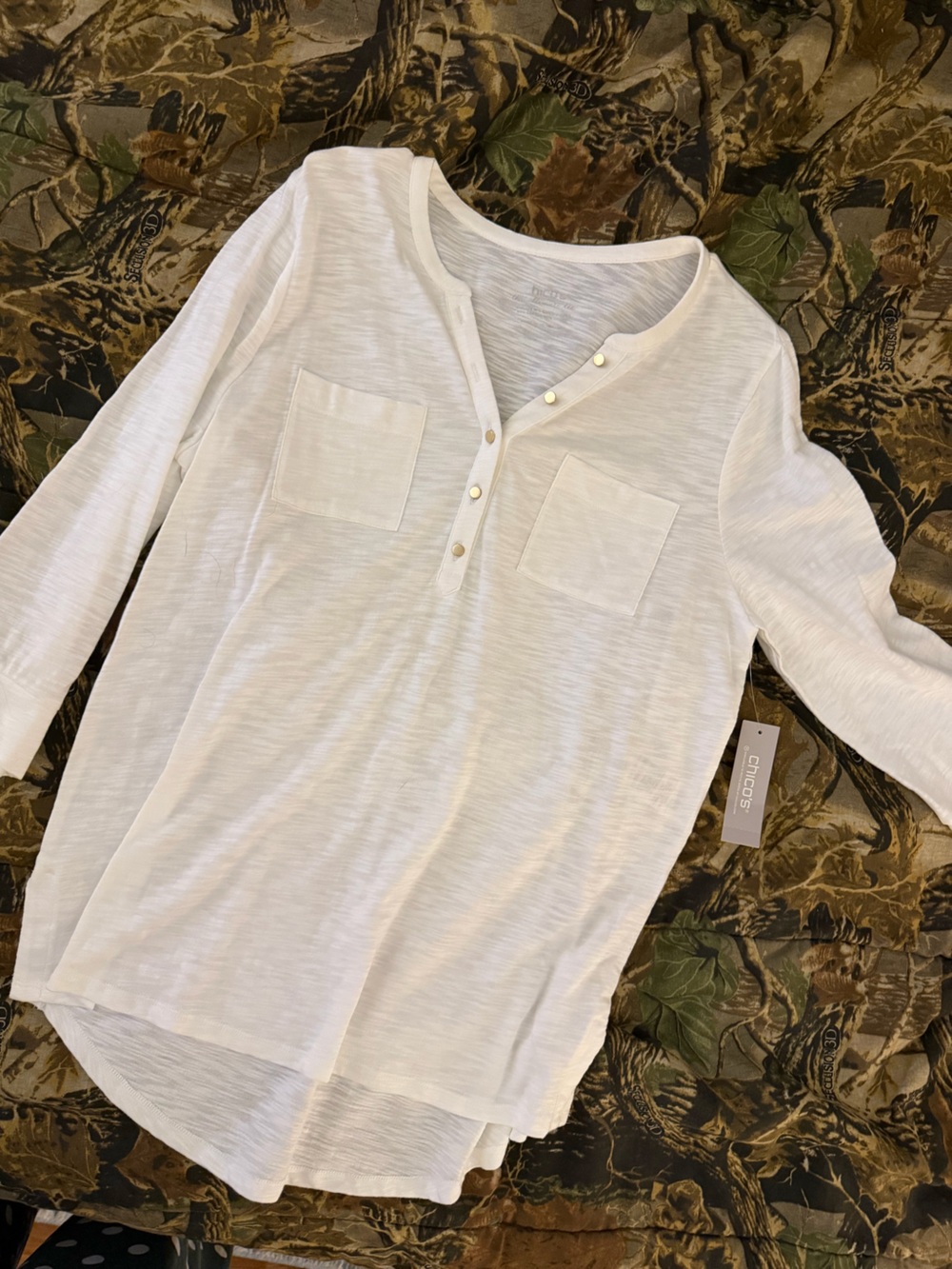 Chico's White Long-Sleeve Henley with Chest Pockets